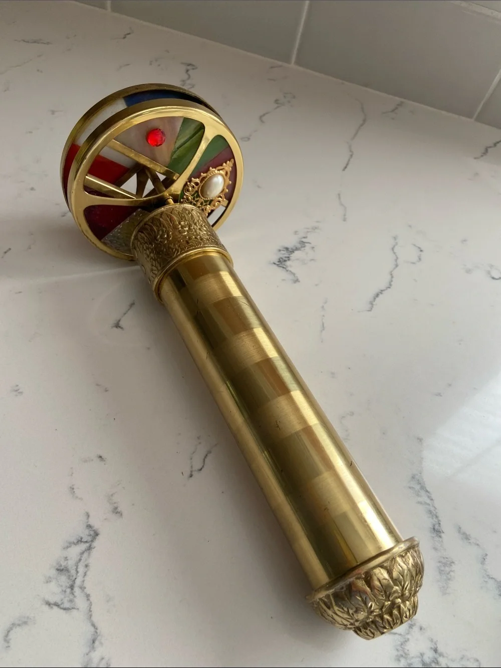 Ornate Brass Double Wheel Kaleidoscope Stained Glass 11”